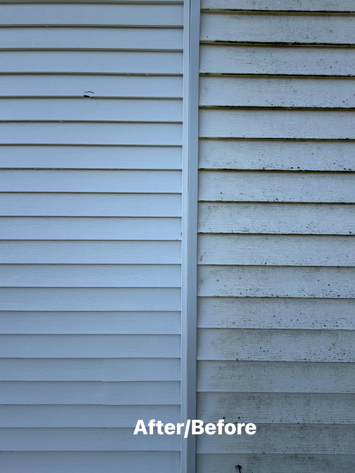 Before and after of vinyl siding pressure washed by Little Green Men